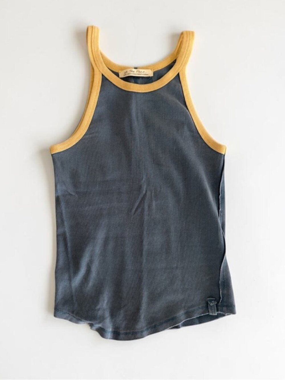 Free People Only 1 Ringer Blue Ribbed Tank with Yellow Trim Small